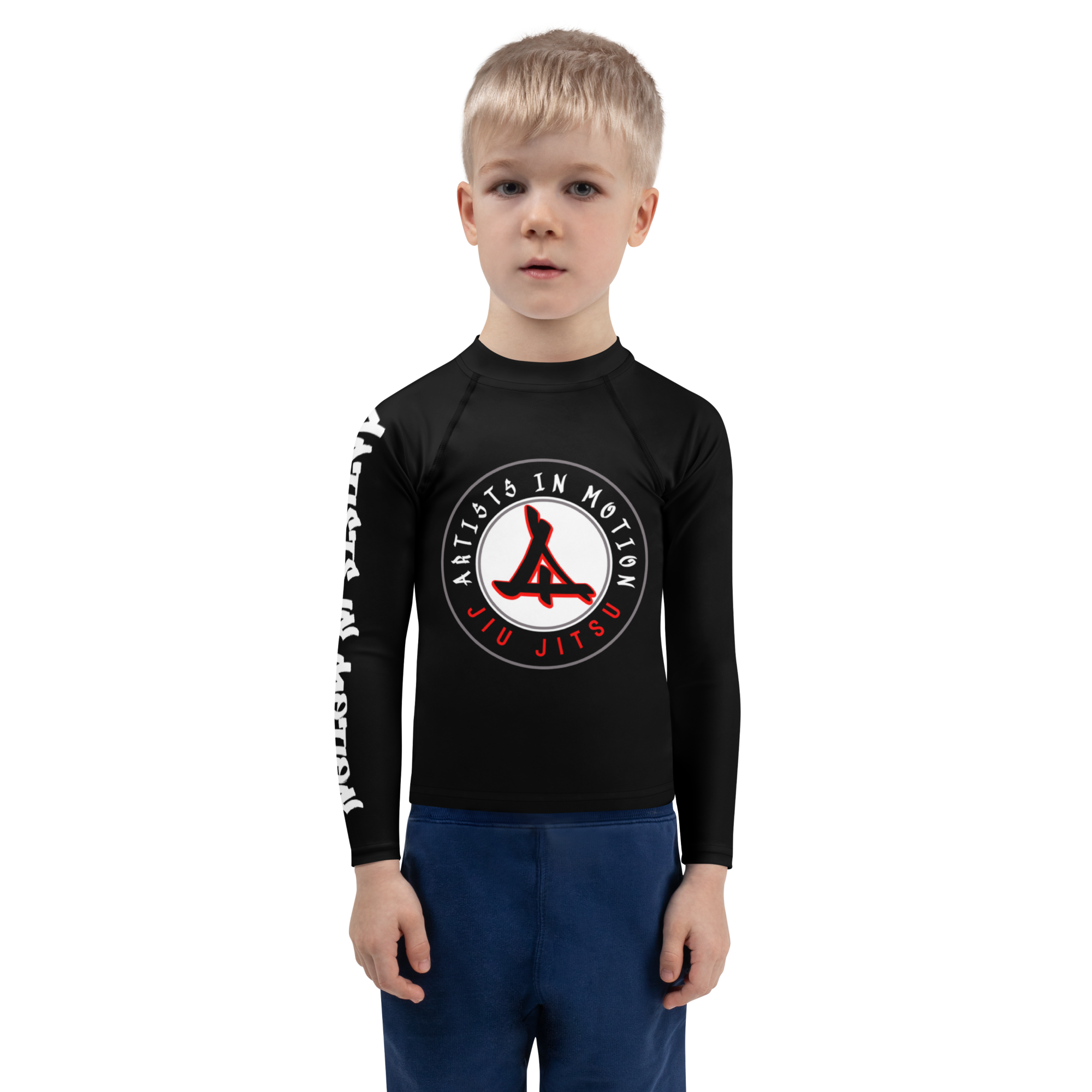 Front view of Artists in Motion Kids Rash Guard with colorful all‑over print