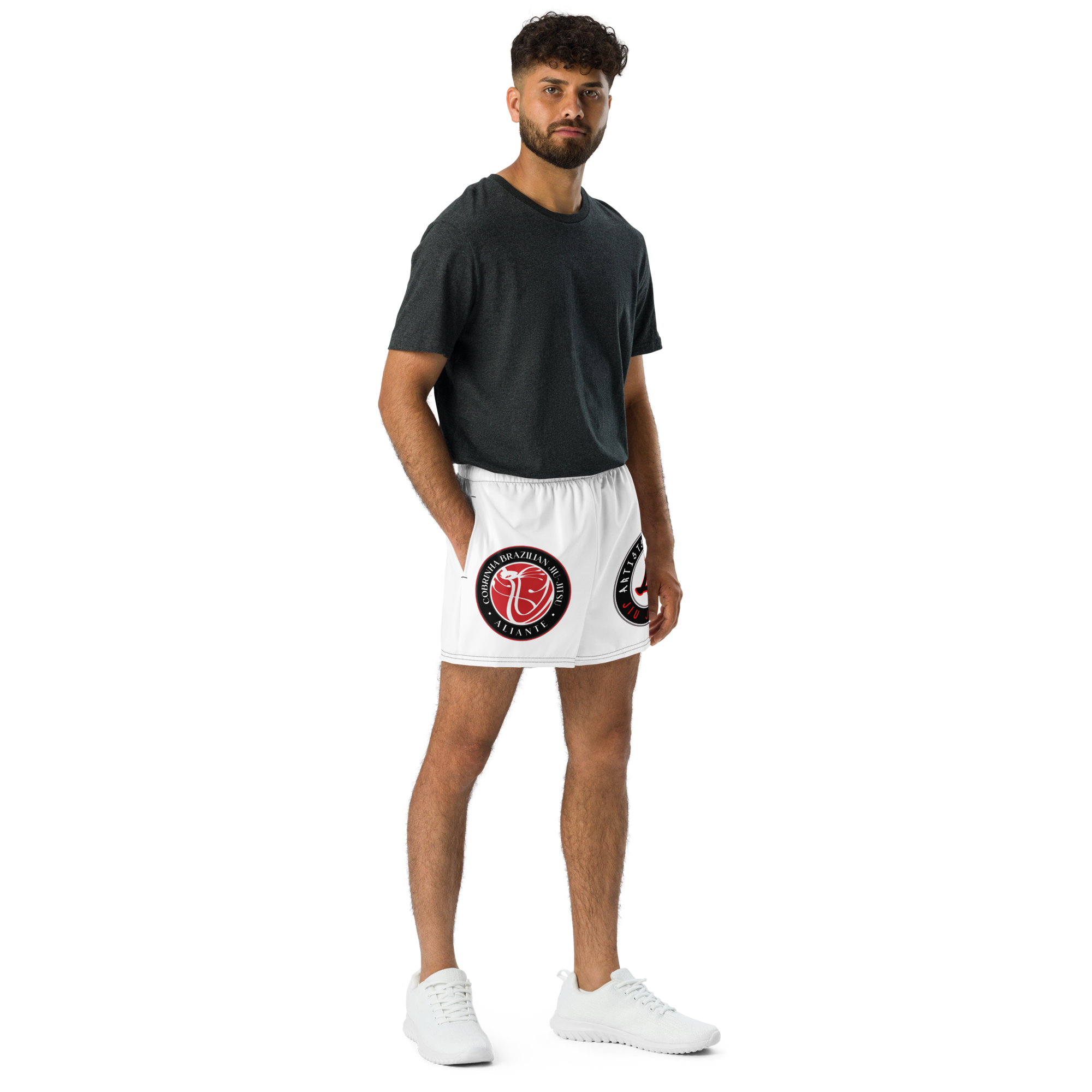 Front view of Artists in Motion all‑over print unisex athletic shorts